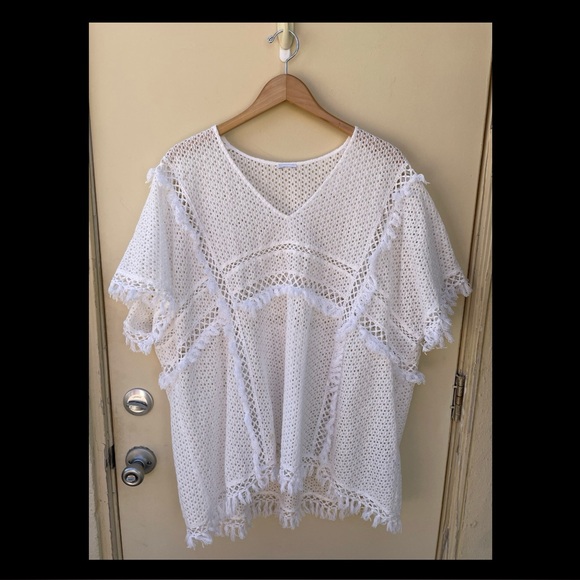 Other - White Crochet w/ Fringe Poncho Style Swim Cover Up Sz L